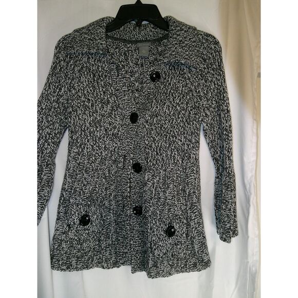 Ann‎ Taylor Marled Knit Button-Front Cardigan Sweater Black Gray and White XS - Picture 1 of 3